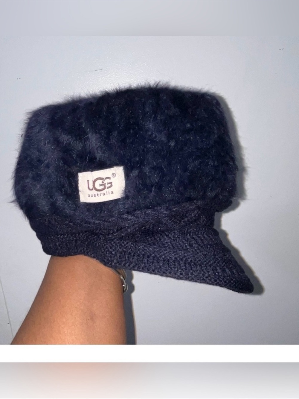 UGG Black Faux-Fur Knit Visor Hat